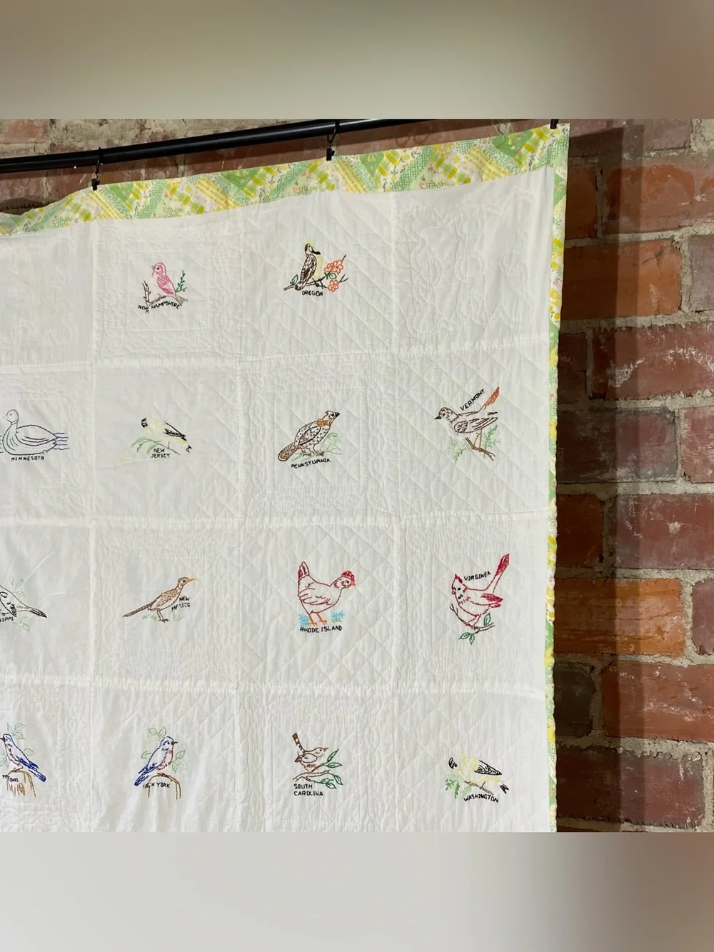 Vintage Embroidered State Bird Quilt 71” x 84”
